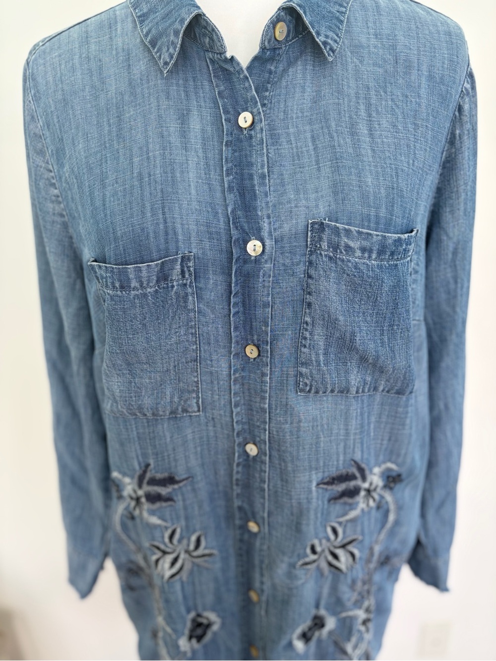 Kyla Seo Embroidered Chambray Button Front Shirt Dress Large - Picture 6 of 13